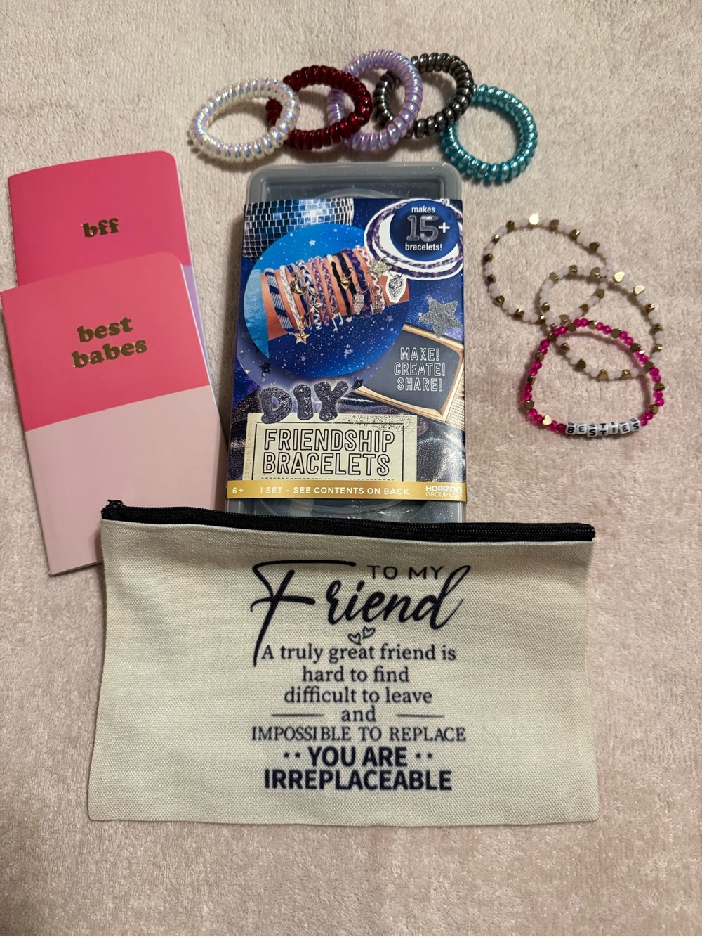DIY Friendship Bracelets Kit with Cream Zip Pouch and Assorted Bracelets